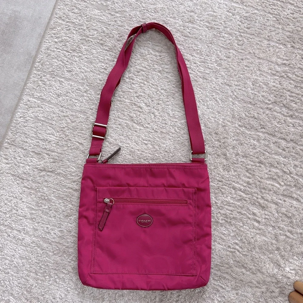 COACH Bright Pink Getaway Signature Print Nylon File Crossbody Bag Purse